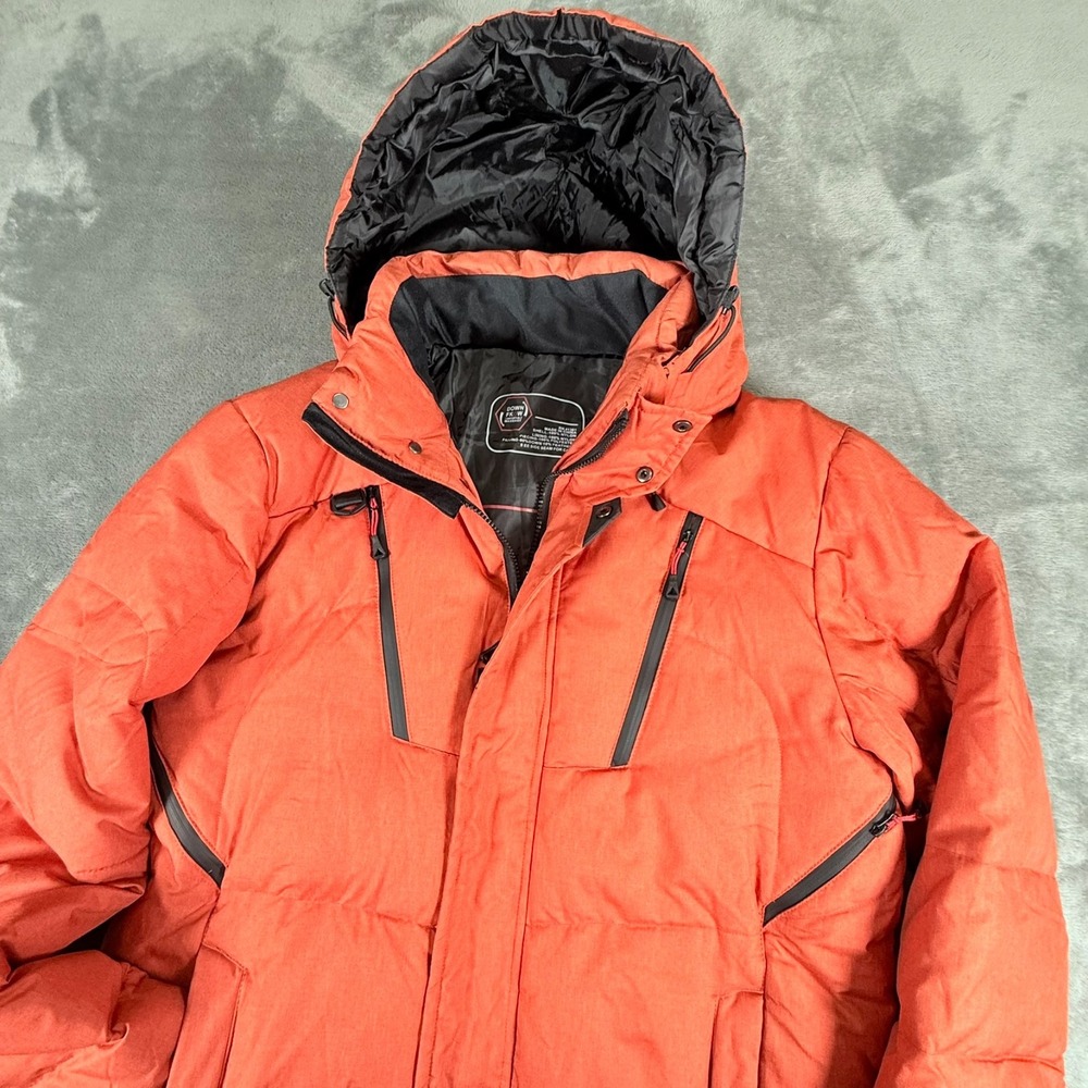 DOWN FKOW Men's XL Orange Ski Coat Quilted Puffer Insulated Removeable Hood
